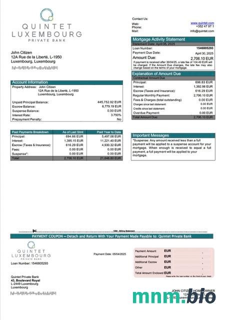 Luksemburg Quintet Private Bank wyciąg z kredytu hipotecznego szablon Word i PDF